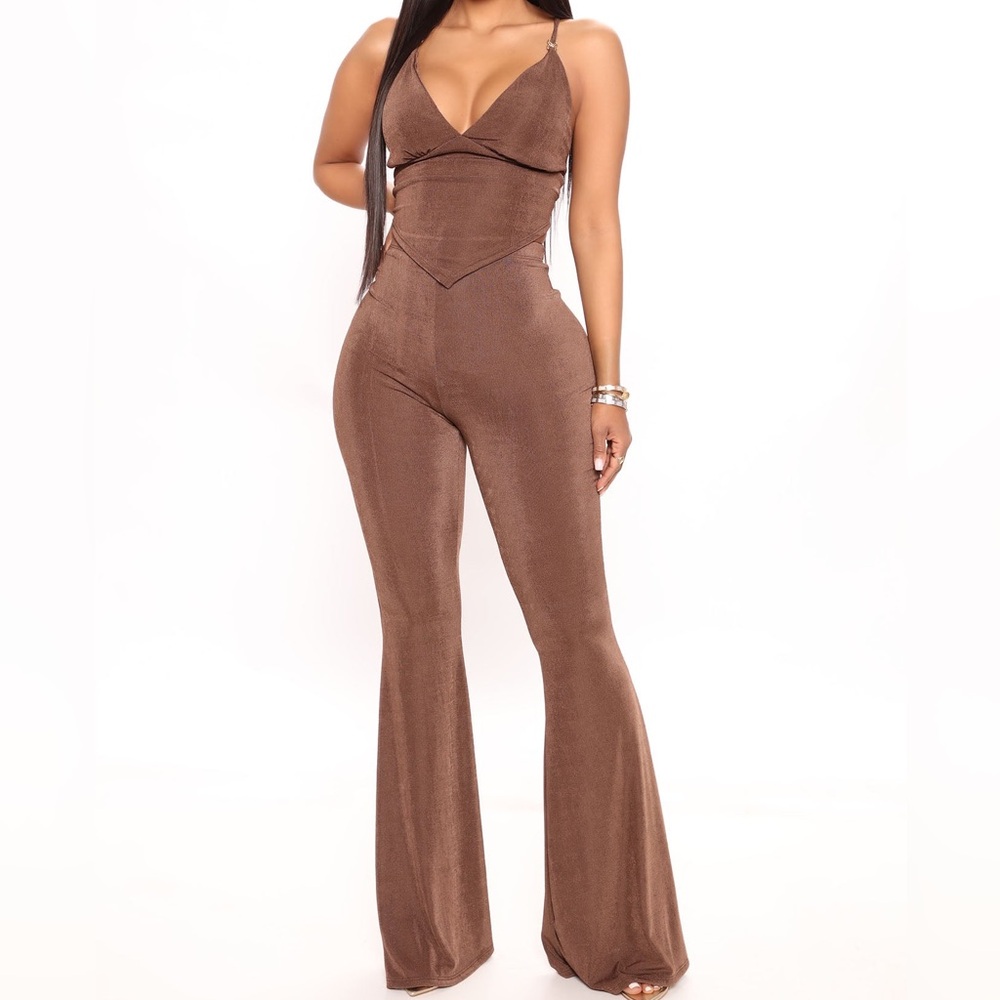 Fashion Nova Hayden Slinky 2 Pc Pant Set Brown Size Med‎